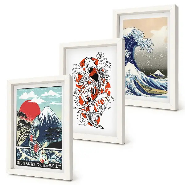 Juego de 3 cuadros decorativos con ilustraciones de montañas de peces y la Gran Ola de Kanagawa al estilo japonés