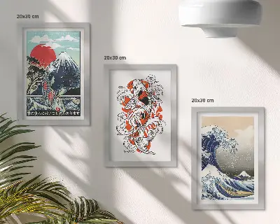 Juego de 3 cuadros decorativos con ilustraciones de montañas de peces y la Gran Ola de Kanagawa al estilo japonés