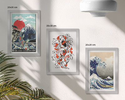 Juego de 3 cuadros decorativos Ilustraciones de montañas de peces y la Gran Ola de Kanagawa, al estilo japonés.