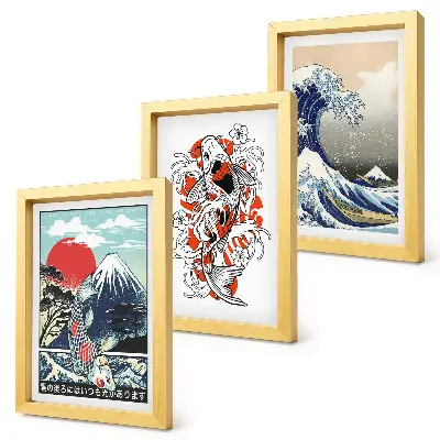 Juego de 3 cuadros decorativos con ilustraciones de montañas de peces y la Gran Ola de Kanagawa al estilo japonés