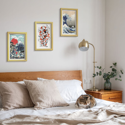 Juego de 3 cuadros decorativos Ilustraciones de montañas de peces y la Gran Ola de Kanagawa, al estilo japonés.