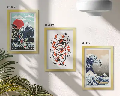 Juego de 3 cuadros decorativos con ilustraciones de montañas de peces y la Gran Ola de Kanagawa al estilo japonés