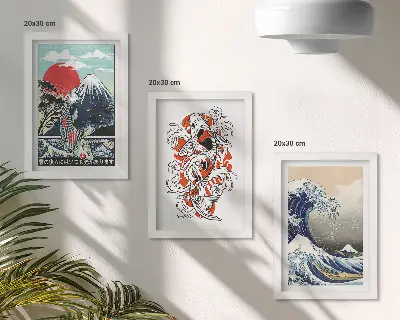 Juego de 3 cuadros decorativos con ilustraciones de montañas de peces y la Gran Ola de Kanagawa al estilo japonés