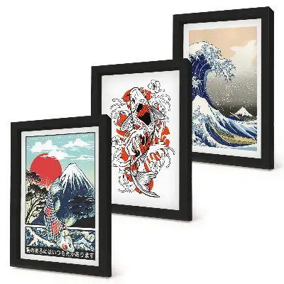 Juego de 3 cuadros decorativos con ilustraciones de montañas de peces y la Gran Ola de Kanagawa al estilo japonés