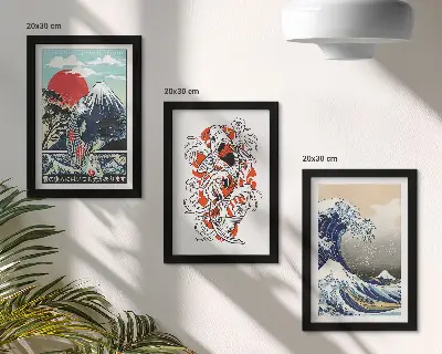Juego de 3 cuadros decorativos con ilustraciones de montañas de peces y la Gran Ola de Kanagawa al estilo japonés