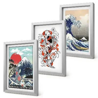 Juego de 3 cuadros decorativos con ilustraciones de montañas de peces y la Gran Ola de Kanagawa al estilo japonés