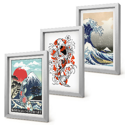 Juego de 3 cuadros decorativos Ilustraciones de montañas de peces y la Gran Ola de Kanagawa, al estilo japonés.