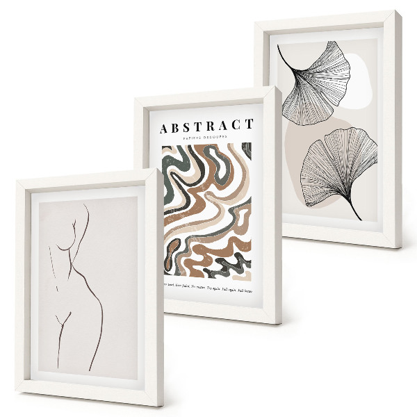 Tríptico enmarcado Póster abstracto de formas femeninas y hojas de estilo boho.