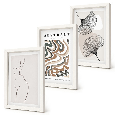 Tríptico enmarcado Póster abstracto de formas femeninas y hojas de estilo boho.