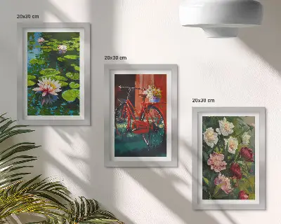 Tríptico enmarcado lirios en el agua, bicicleta en el jardín y flores coloridas