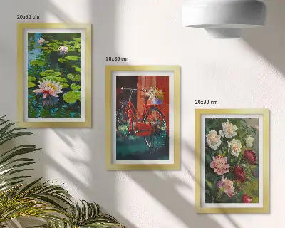 Tríptico enmarcado lirios en el agua, bicicleta en el jardín y flores coloridas