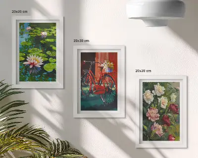 Tríptico enmarcado lirios en el agua, bicicleta en el jardín y flores coloridas