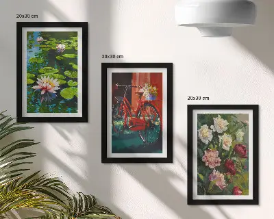 Tríptico enmarcado lirios en el agua, bicicleta en el jardín y flores coloridas