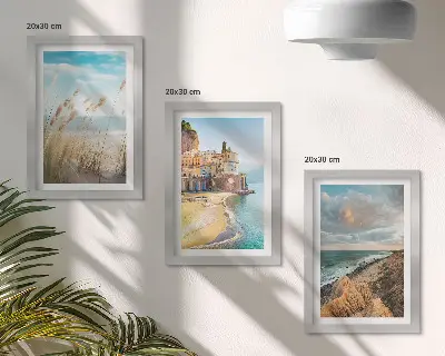 Juego de 3 cuadros decorativos con paisajes de playas, ciudades y acantilados