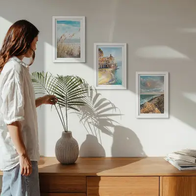 Juego de 3 cuadros decorativos con paisajes de playas, ciudades y acantilados