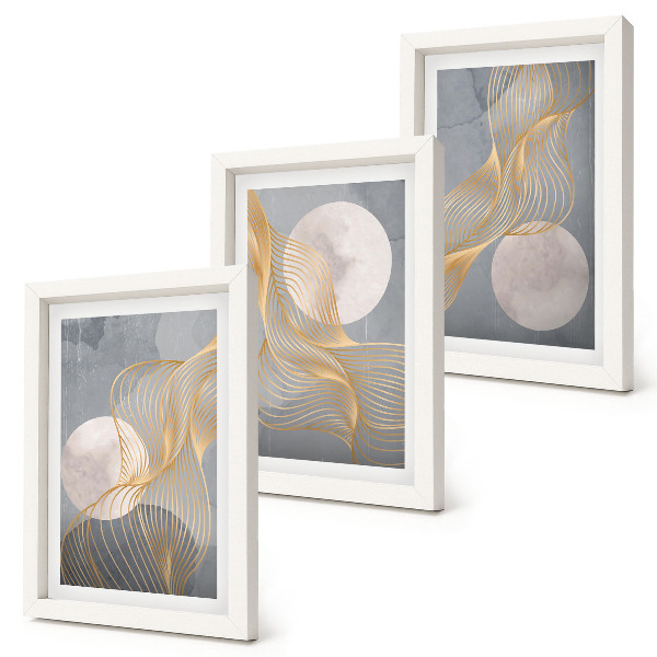 Tríptico enmarcado Diseños abstractos con ondas y círculos sobre un fondo gris.