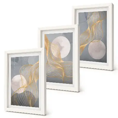 Tríptico enmarcado con diseños abstractos de ondas y círculos sobre fondo gris