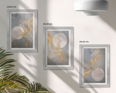 Tríptico enmarcado Diseños abstractos con ondas y círculos sobre un fondo gris.
