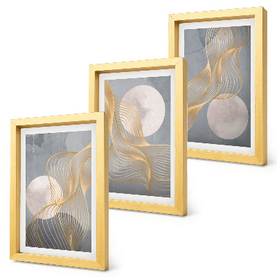 Tríptico enmarcado Diseños abstractos con ondas y círculos sobre un fondo gris.