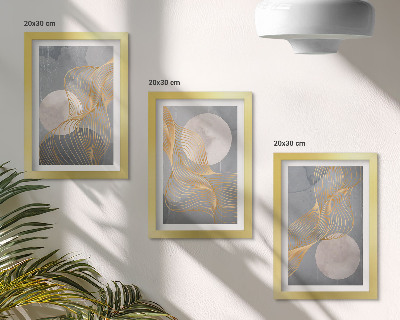 Tríptico enmarcado Diseños abstractos con ondas y círculos sobre un fondo gris.
