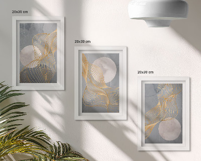 Tríptico enmarcado Diseños abstractos con ondas y círculos sobre un fondo gris.