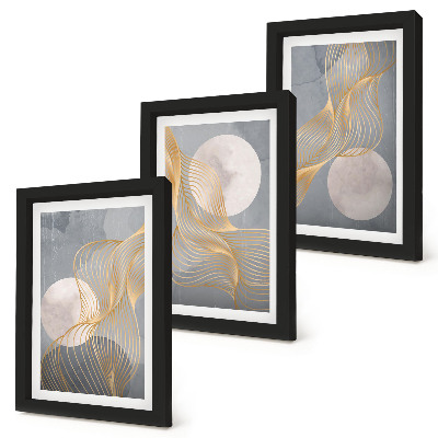 Tríptico enmarcado Diseños abstractos con ondas y círculos sobre un fondo gris.