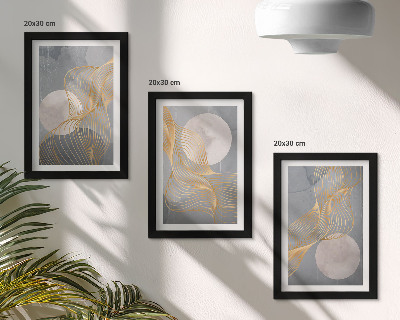 Tríptico enmarcado Diseños abstractos con ondas y círculos sobre un fondo gris.