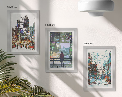 Tríptico enmarcado Ciudades modernas a color con una figura al fondo.