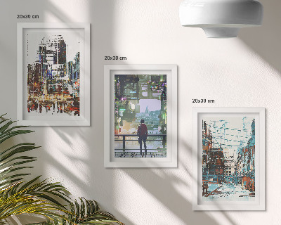 Tríptico enmarcado Ciudades modernas a color con una figura al fondo.