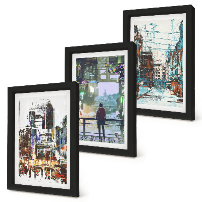 Tríptico enmarcado Ciudades modernas a color con una figura al fondo.