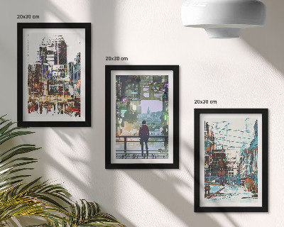 Tríptico enmarcado Ciudades modernas a color con una figura al fondo.