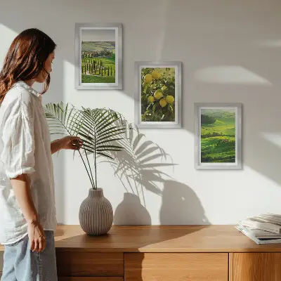 Juego de 3 cuadros decorativos paisajes italianos con limoneros y colinas verdes