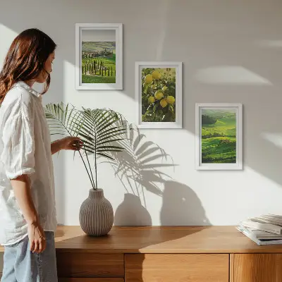 Juego de 3 cuadros decorativos paisajes italianos con limoneros y colinas verdes