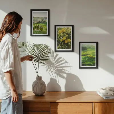 Juego de 3 cuadros decorativos paisajes italianos con limoneros y colinas verdes