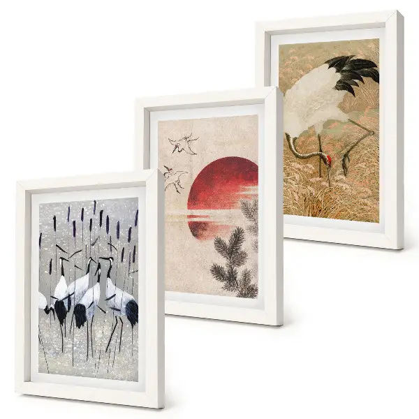 Juego de 3 cuadros decorativos ilustraciones de grullas japonesas con estética paisajística japandi