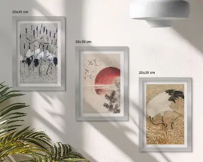 Juego de 3 cuadros decorativos ilustraciones de grullas japonesas con estética paisajística japandi