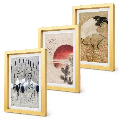 Juego de 3 cuadros decorativos ilustraciones de grullas japonesas con estética paisajística japandi