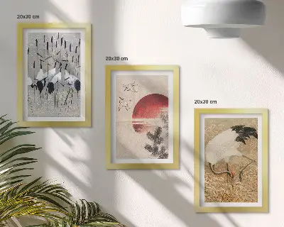 Juego de 3 cuadros decorativos ilustraciones de grullas japonesas con estética paisajística japandi