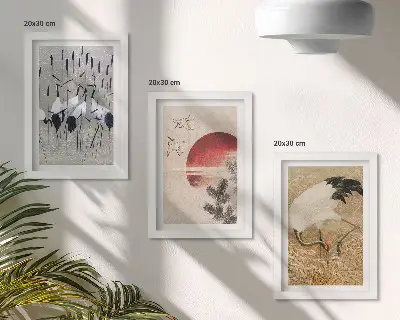 Juego de 3 cuadros decorativos ilustraciones de grullas japonesas con estética paisajística japandi