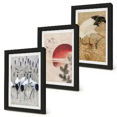 Juego de 3 cuadros decorativos ilustraciones de grullas japonesas con estética paisajística japandi