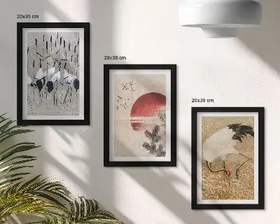 Juego de 3 cuadros decorativos ilustraciones de grullas japonesas con estética paisajística japandi