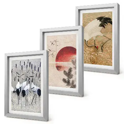 Juego de 3 cuadros decorativos ilustraciones de grullas japonesas con estética paisajística japandi