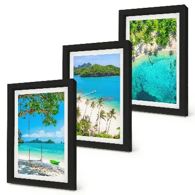 Tríptico enmarcado de playas tropicales con palmeras y aguas cristalinas