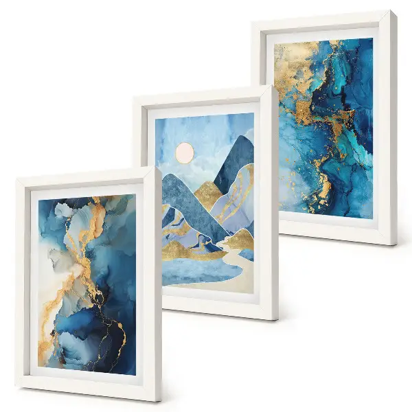Juego de 3 cuadros decorativos con diseño de montañas azules y patrones abstractos