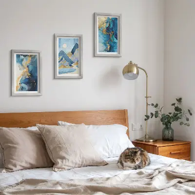 Juego de 3 cuadros decorativos con diseño de montañas azules y patrones abstractos