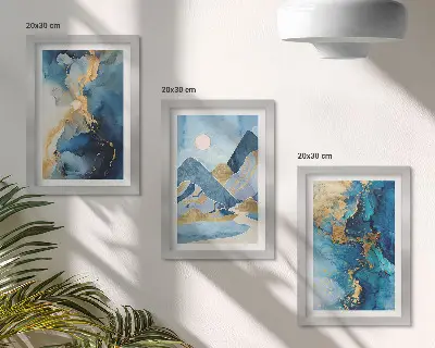 Juego de 3 cuadros decorativos con diseño de montañas azules y patrones abstractos