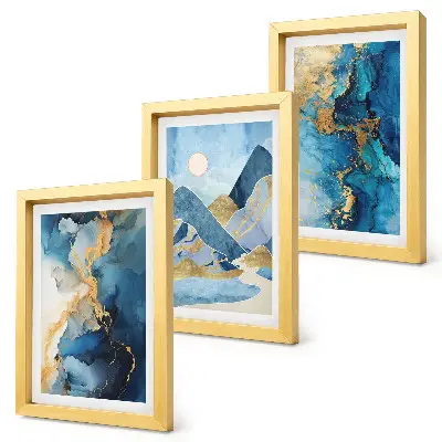 Juego de 3 cuadros decorativos con diseño de montañas azules y patrones abstractos