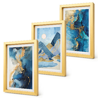 Juego de 3 cuadros decorativos Montañas azules con elementos de patrones abstractos