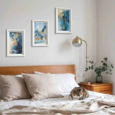Juego de 3 cuadros decorativos con diseño de montañas azules y patrones abstractos