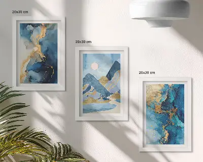 Juego de 3 cuadros decorativos con diseño de montañas azules y patrones abstractos